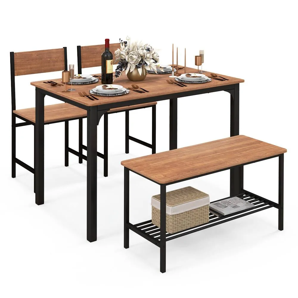 Costway 4-Piece Dining Table Set Space-Saving Kitchen Table & Bench in Brown 3