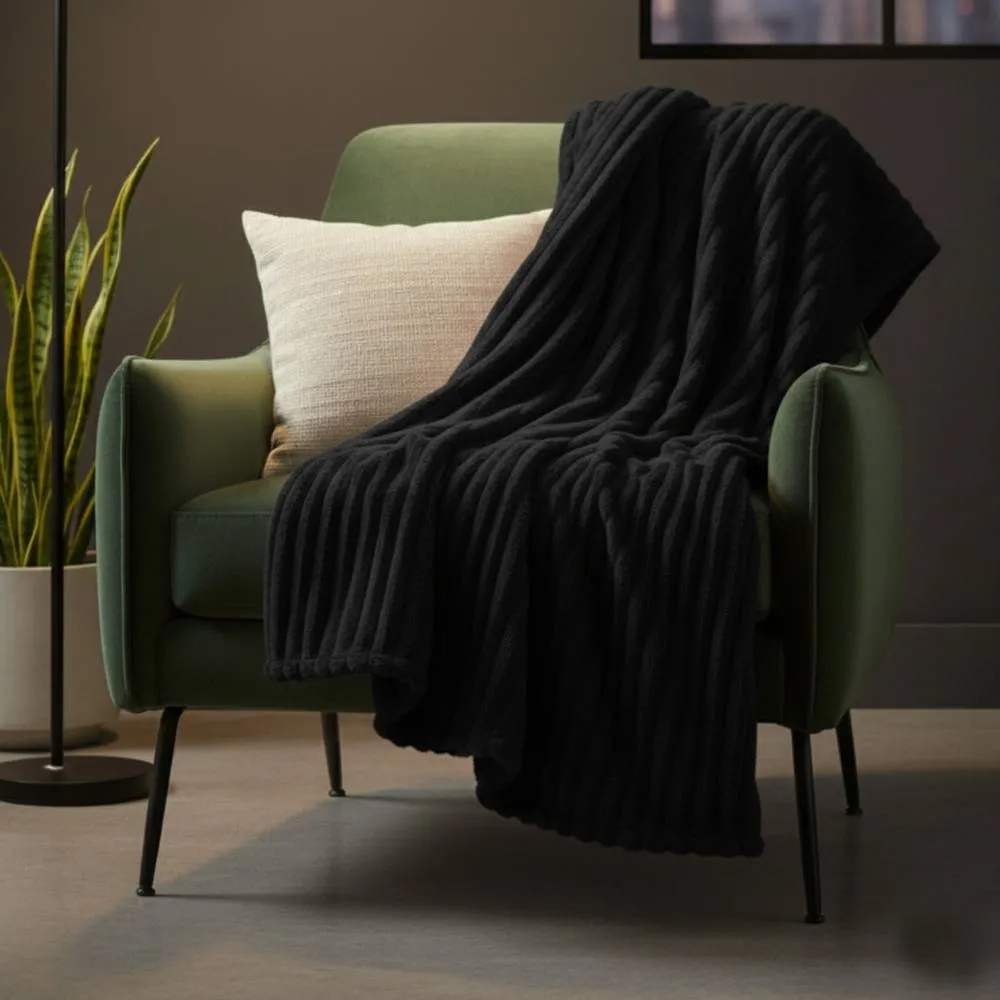 Snug City Chunky Ribbed Mink Throw Ultra Soft Warm Elegant Blanket for Sofa Bed in Black