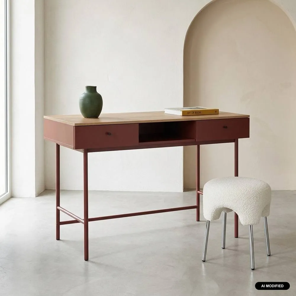 sweeek Wood decor & iron desk with 2 drawers & 1 compartment in Burgundy 1