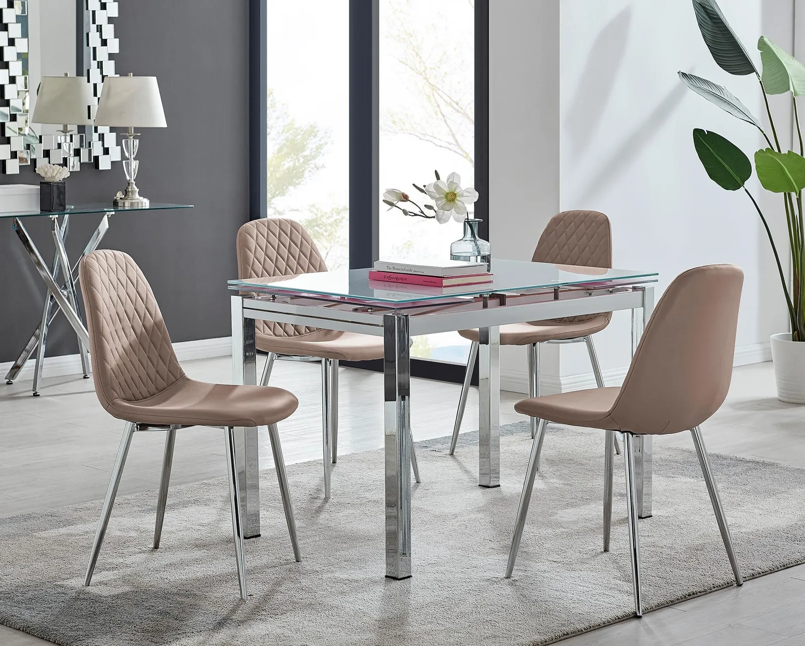 FurnitureboxUK Enna White Glass Extending 4-6 Seater Dining Table & 4 Corona Faux Leather Chairs in Beige