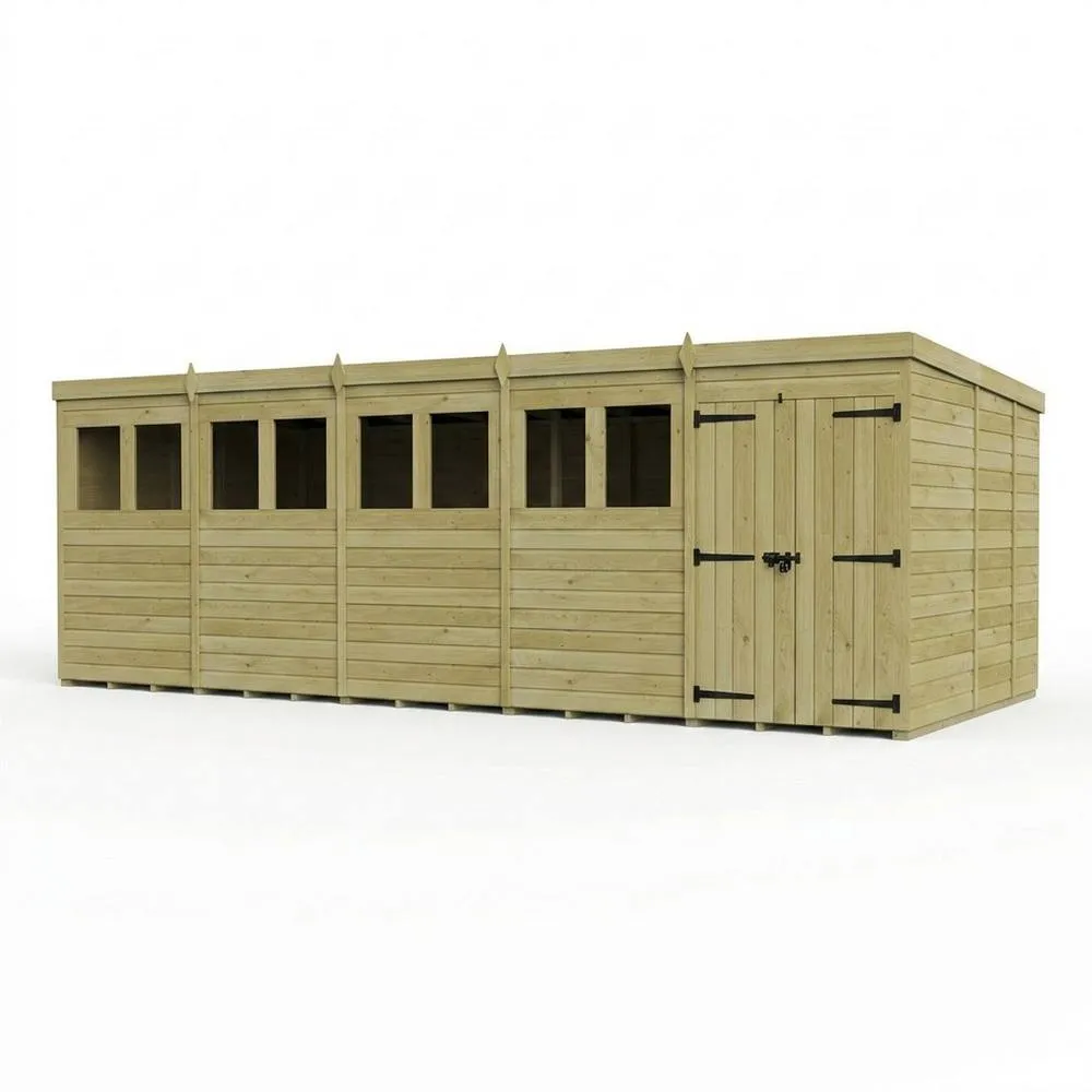 Buttercup Farm 20ft x 9ft Pent Garden Shed Double Door With Windows - Timber in Brown