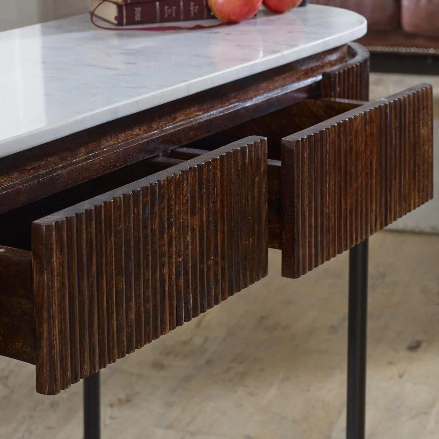 IH Design Tilden Mango Wood Console Table With Marble Top & Metal Legs in White 5