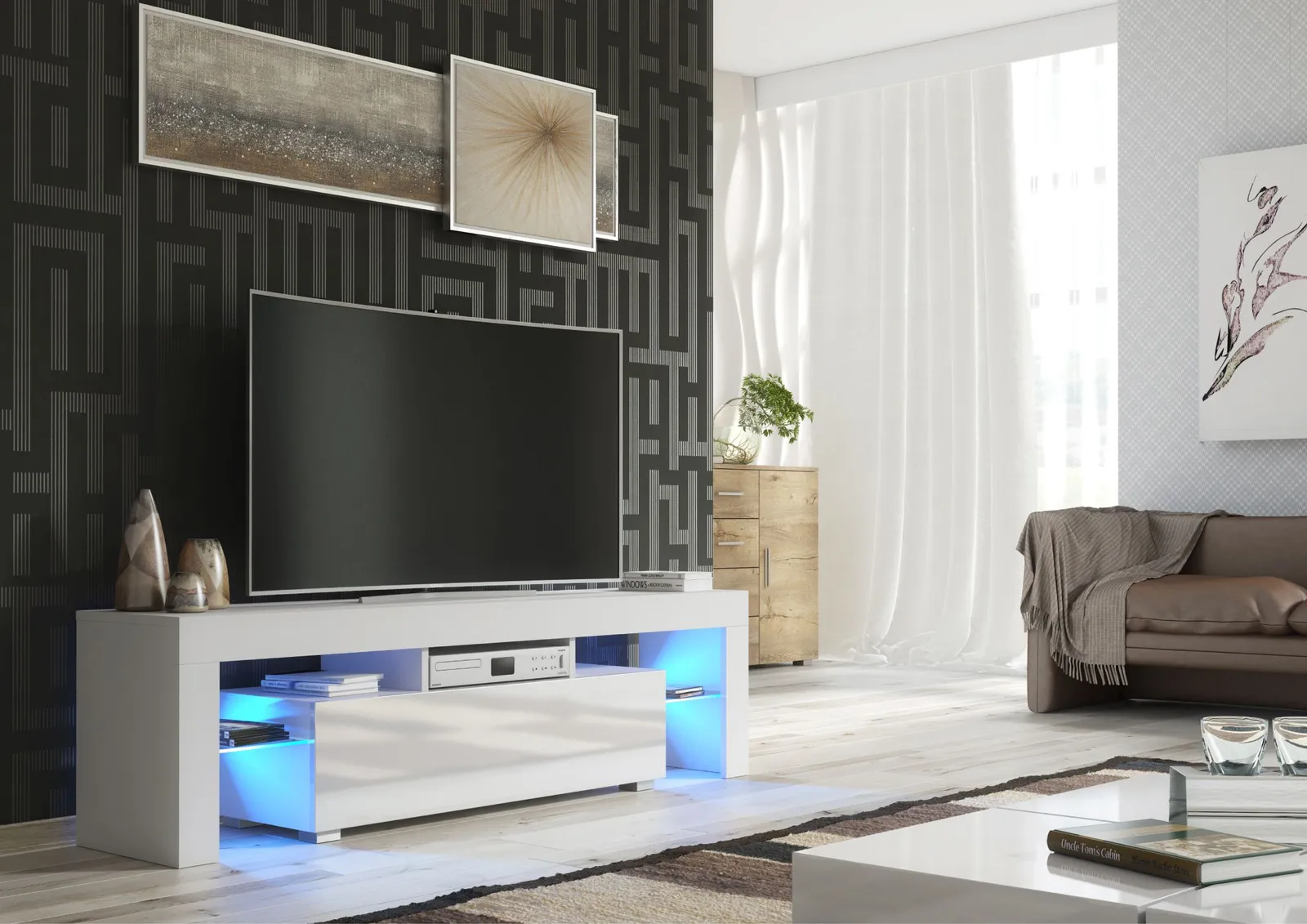 Creative Furniture Aria TV Unit 160cm White with High Gloss Doors & LED Lights in Grey 5