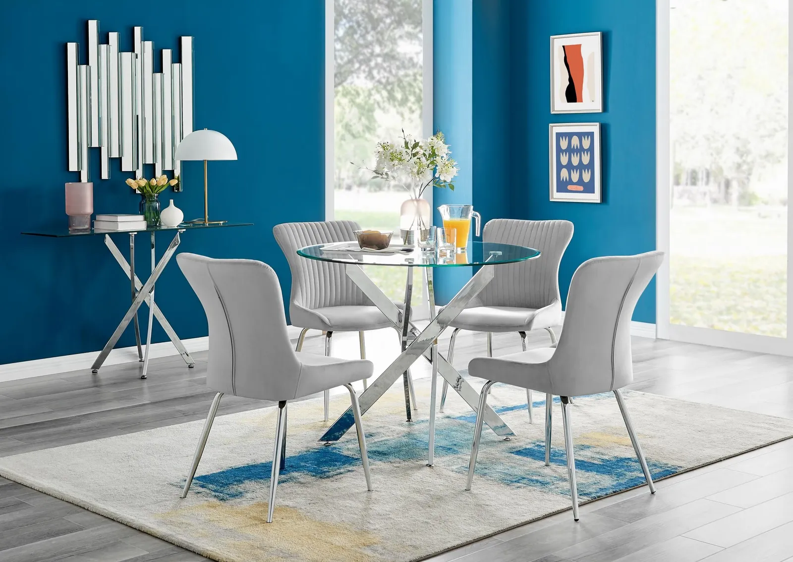 FurnitureboxUK Novara Round Glass Dining Table & 4 Nora Silver Leg Chairs in Light Grey 1