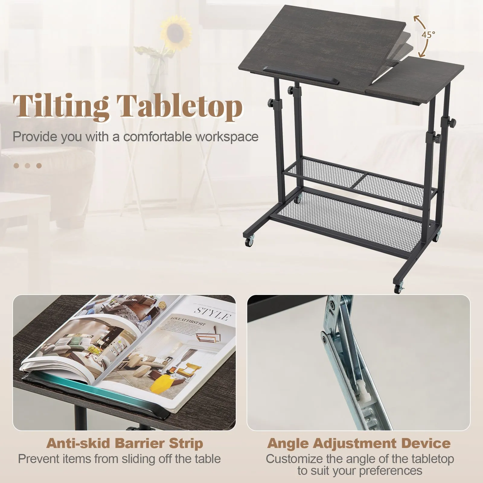 Costway Mobile Stand up Desk Height Adjustable Sit Stand Desk in Black 5