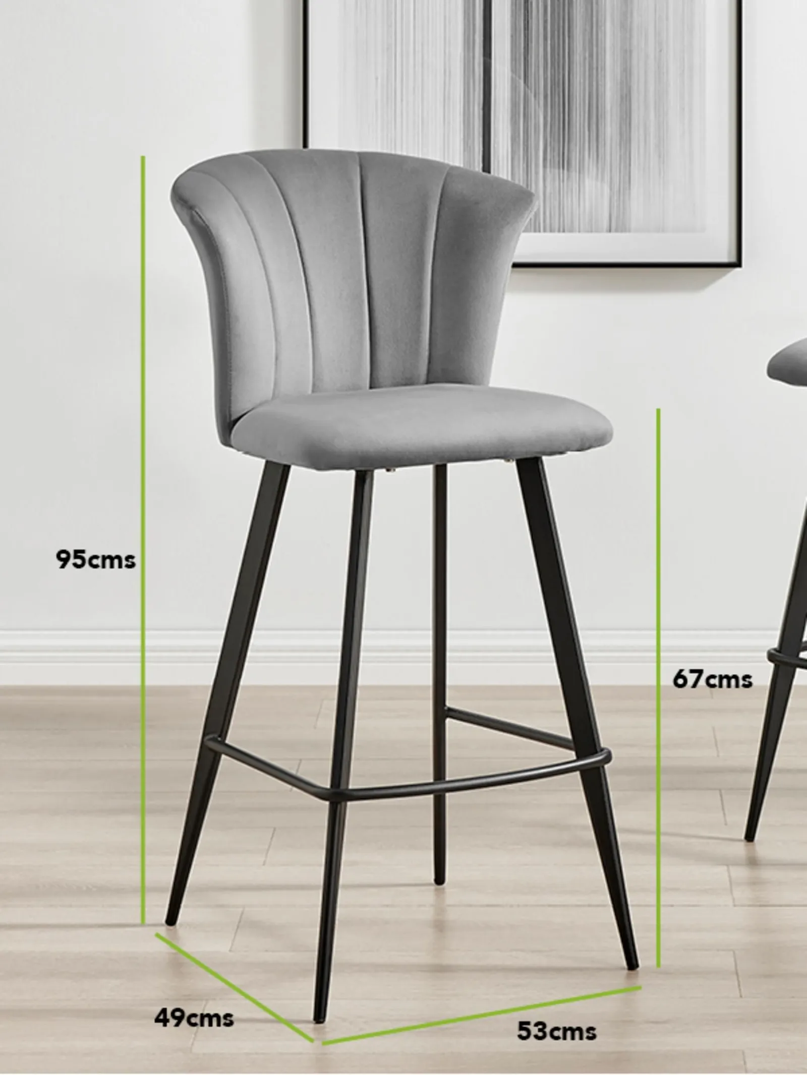 FurnitureboxUK Set of 2 Juniper Soft Touch Velvet Fluted Art Deco Counter Stools With Black Metal Legs in Grey 6