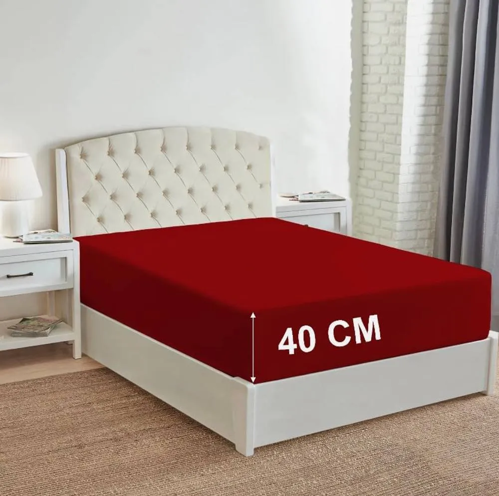 Homes-Linen 180 Thread Count 16"/40cm Extra Deep Non Iron Fitted Sheet in Red
