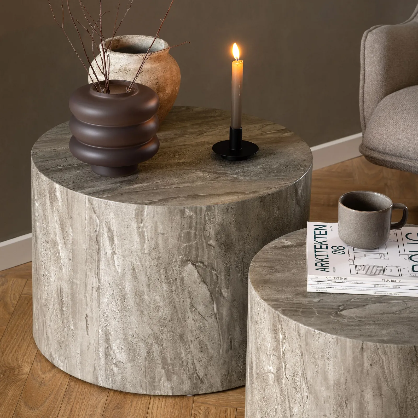 Furniture To Go Dice Round Coffee Table Set in Grey Marble 5