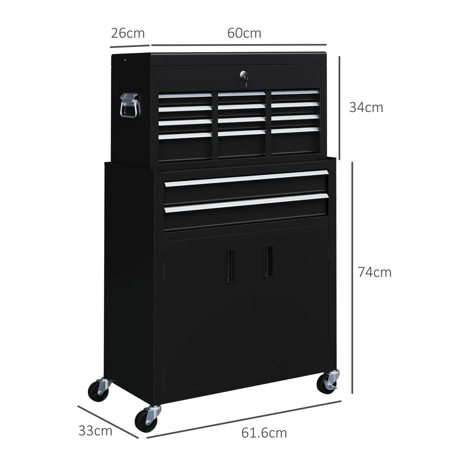 HOMCOM Top Chest & Roller Cabinet Combo Metal Tool Cabinet on Wheels Black 3