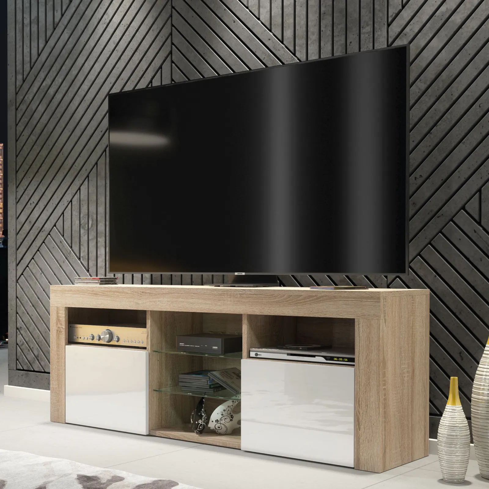 Creative Furniture TV Unit 145cm Modern - Oak with High Gloss White Doors in Light Oak
