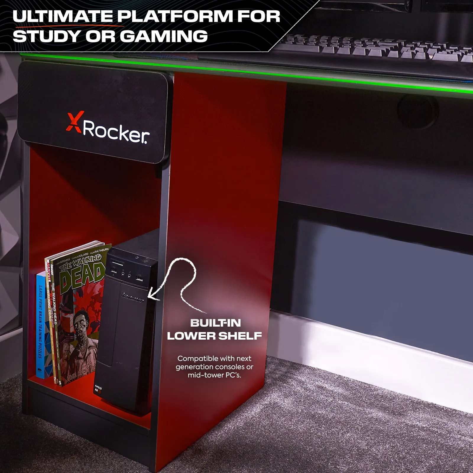 X Rocker Carbon-Tek 120cm LED Gaming Desk with Drawer & Charging in Red 5
