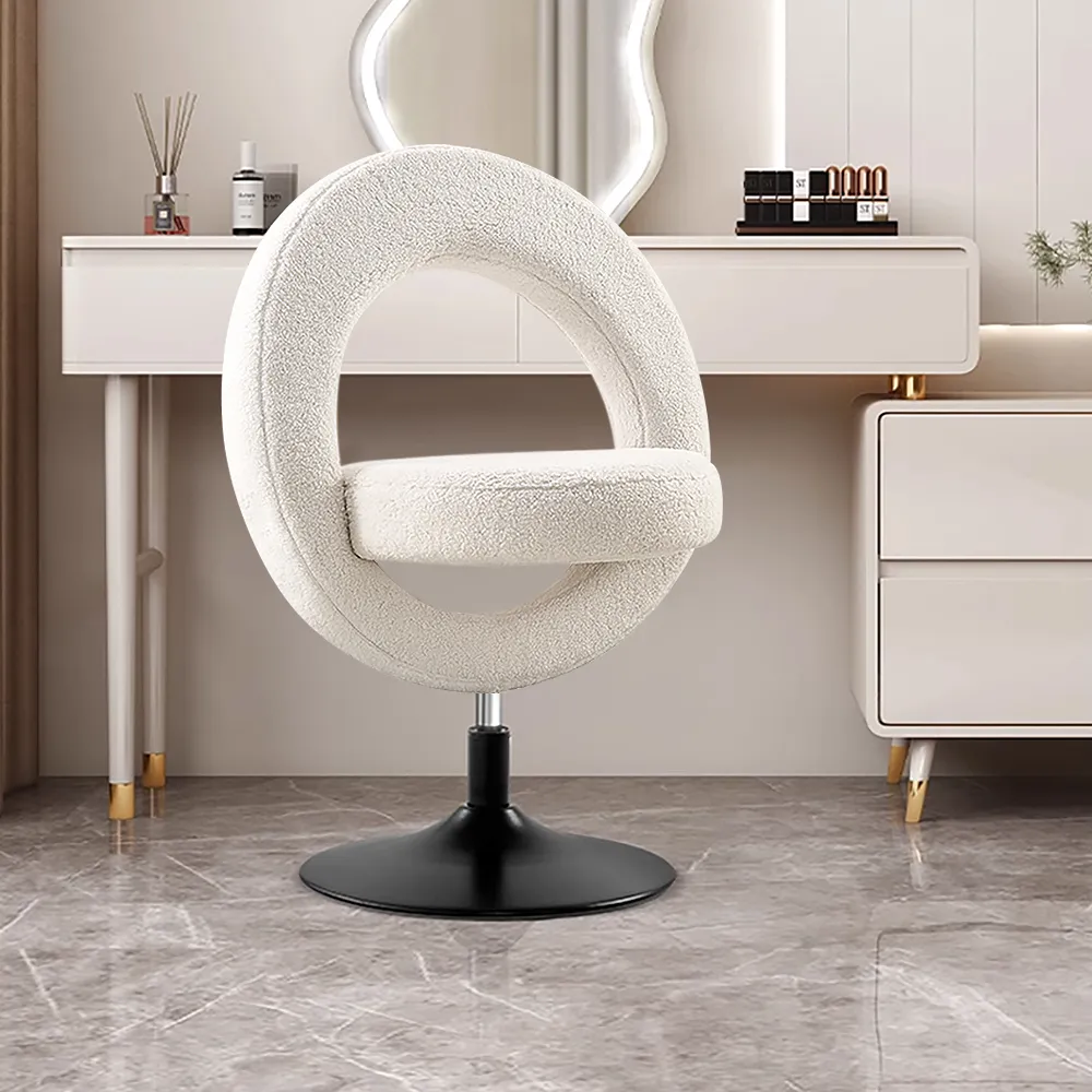 Boucle Modern White Adjustable Vanity Stool with Back Swivel Accent Chair