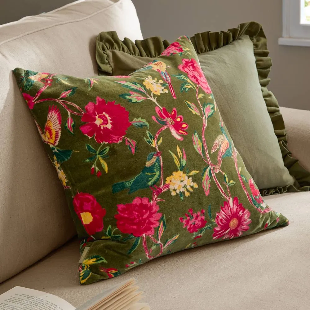 Wylder Aviary 100% Cotton Velvet Cushion in Green 1