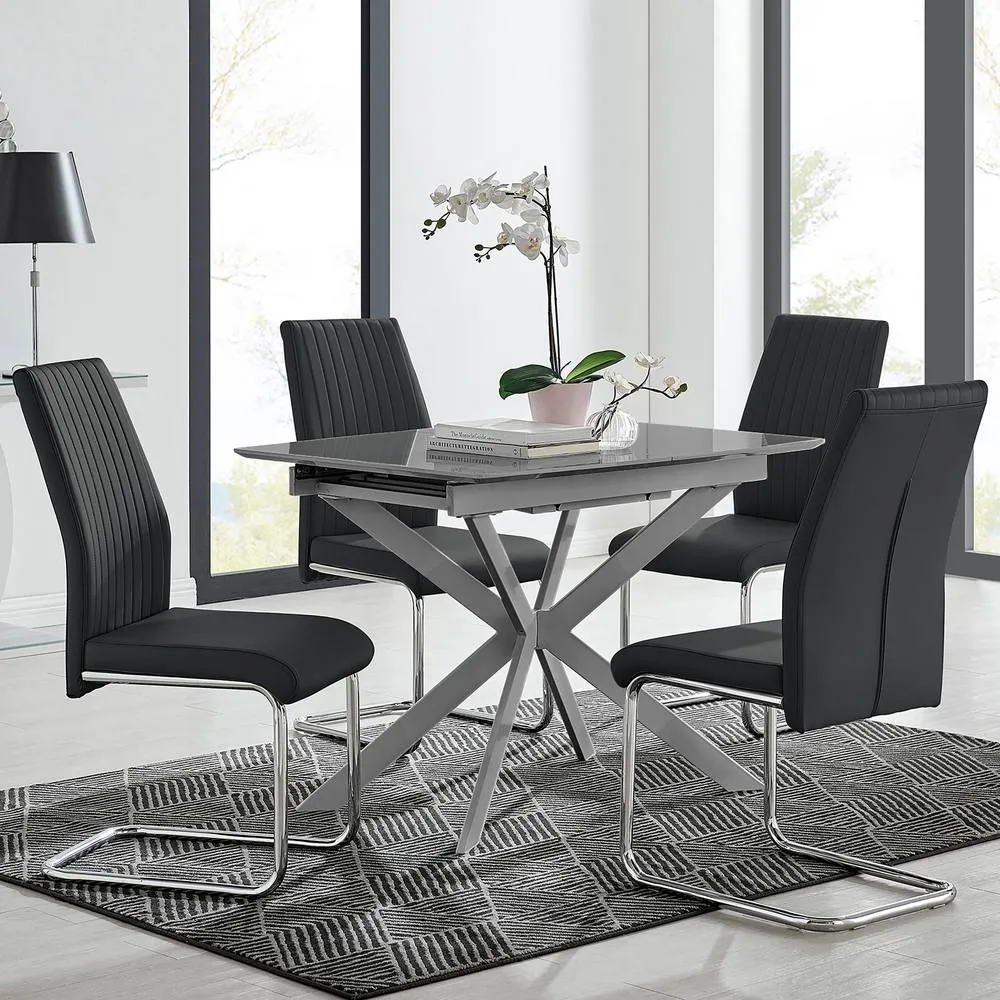 FurnitureboxUK Lira 100cm Grey Metal Extending Dining Table & 4 Black Lorenzo Chairs