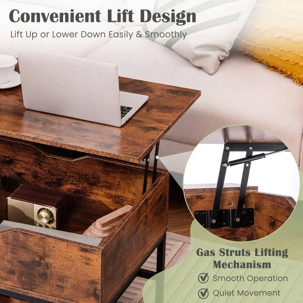 Costway Lift Top Coffee Table Side Table Tea Table w/ Storage Shelf in Brown 6