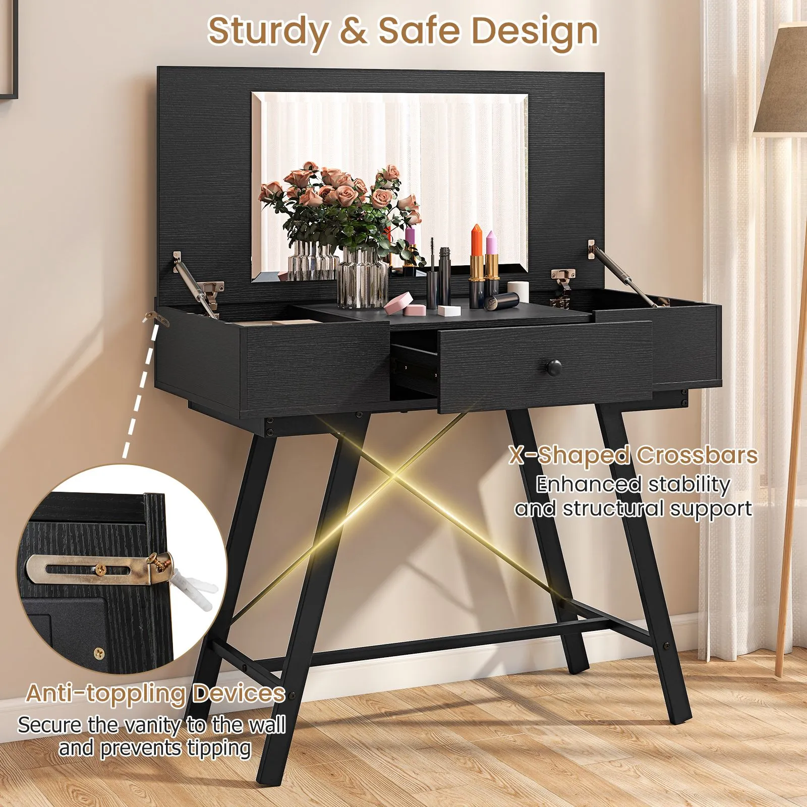 Costway Vanity Desk Flip Top Vanity Table with Mirror in Black 6