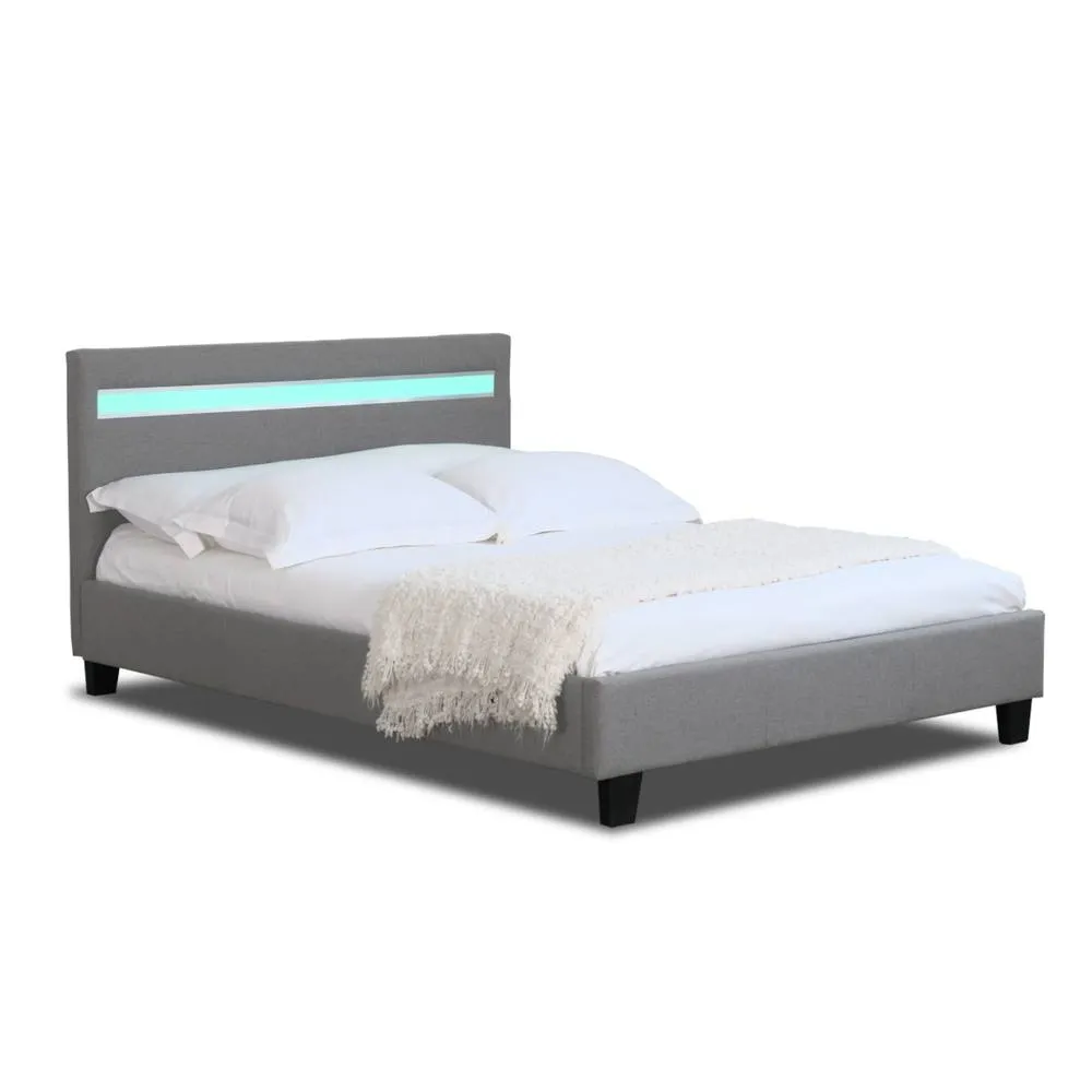 Comfy Living Ltd Modern Hopsack Fabric Upholstered Bedframe With LED Strip in Light Grey