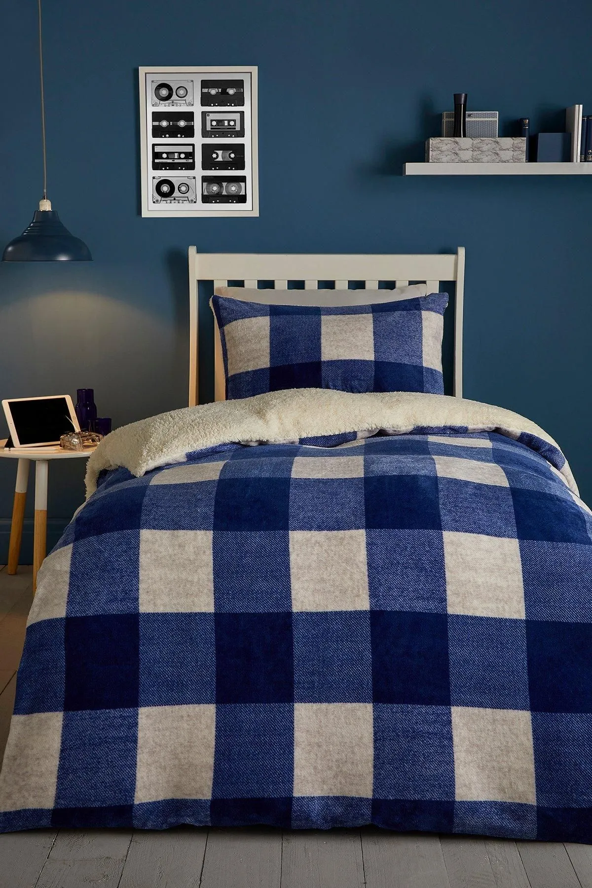 Bedlam 'Cosy Theo Check' Plush & Sherpa Reverse Duvet Cover Set in Blue