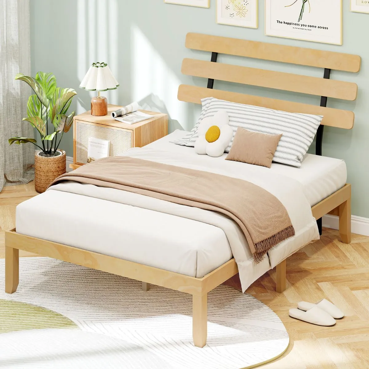 Costway Double Size Bed Frame Solid Wood Platform Bed w/ Retro Headboard in Natural