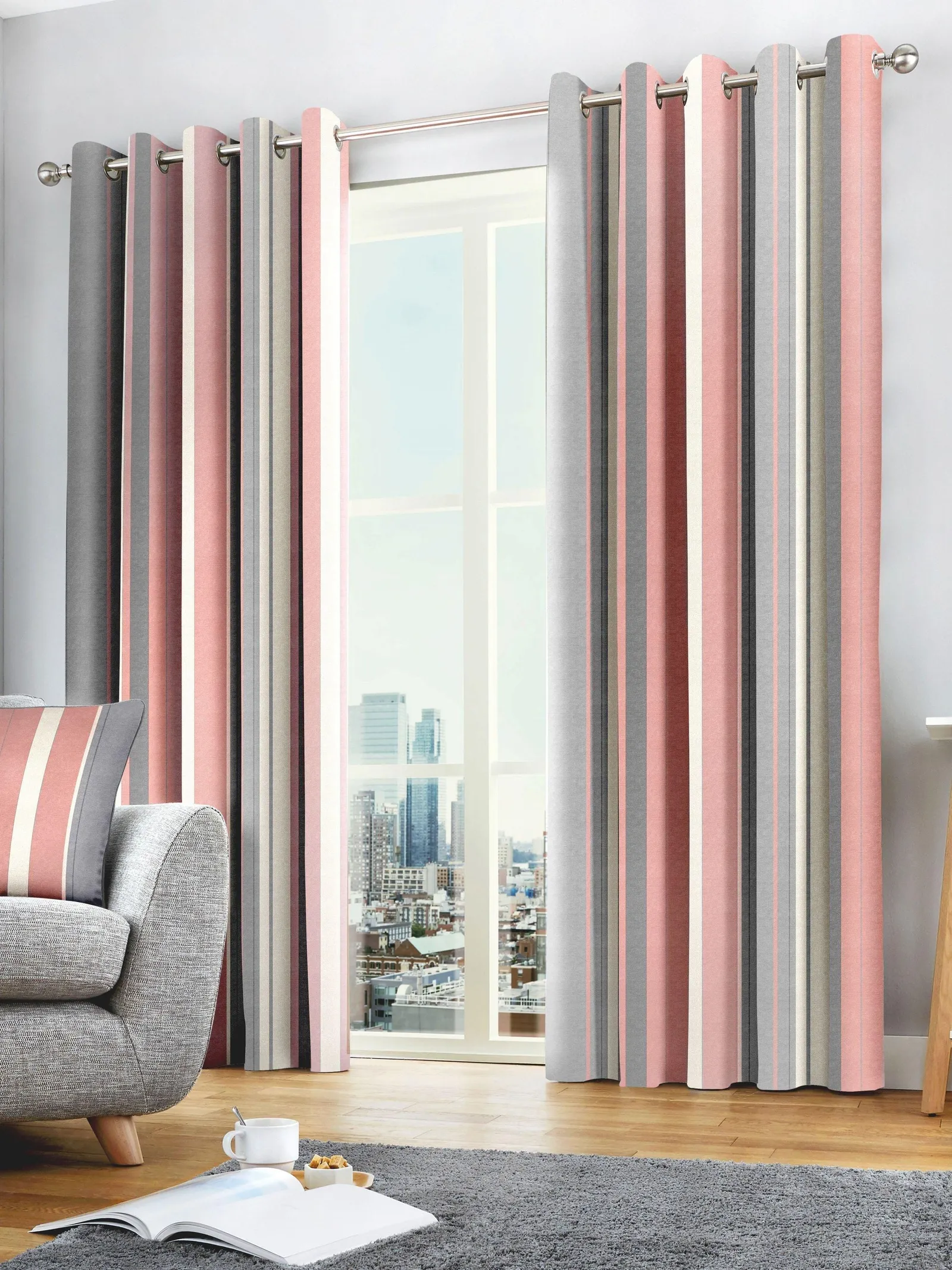 Fusion 'Whitworth Stripe' Fully Lined 100% Cotton Eyelet Curtains in Rose 1