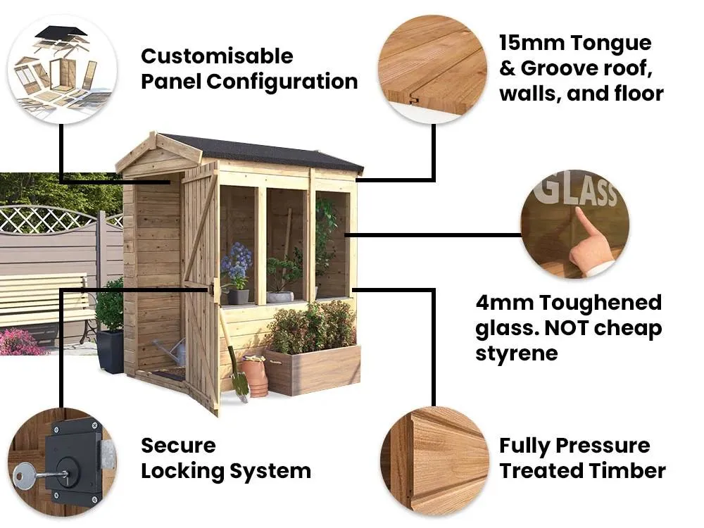 Dunster House Wooden Potting Shed Apex Roof W4' x D6' (W1.2m x D1.8m) Overlord Modular in Brown 4