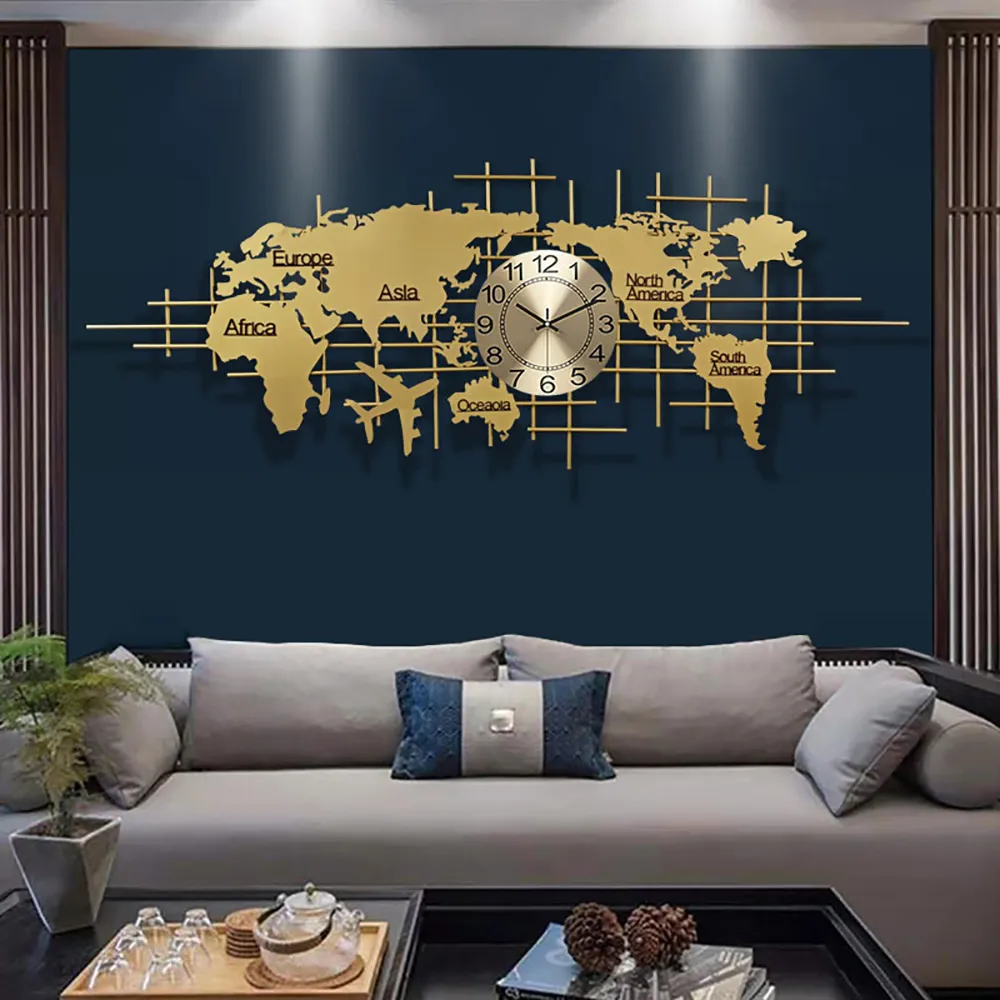 1500mm x 580mm Luxury Oversized World Map Wall Clock Golden Metal Home Decor