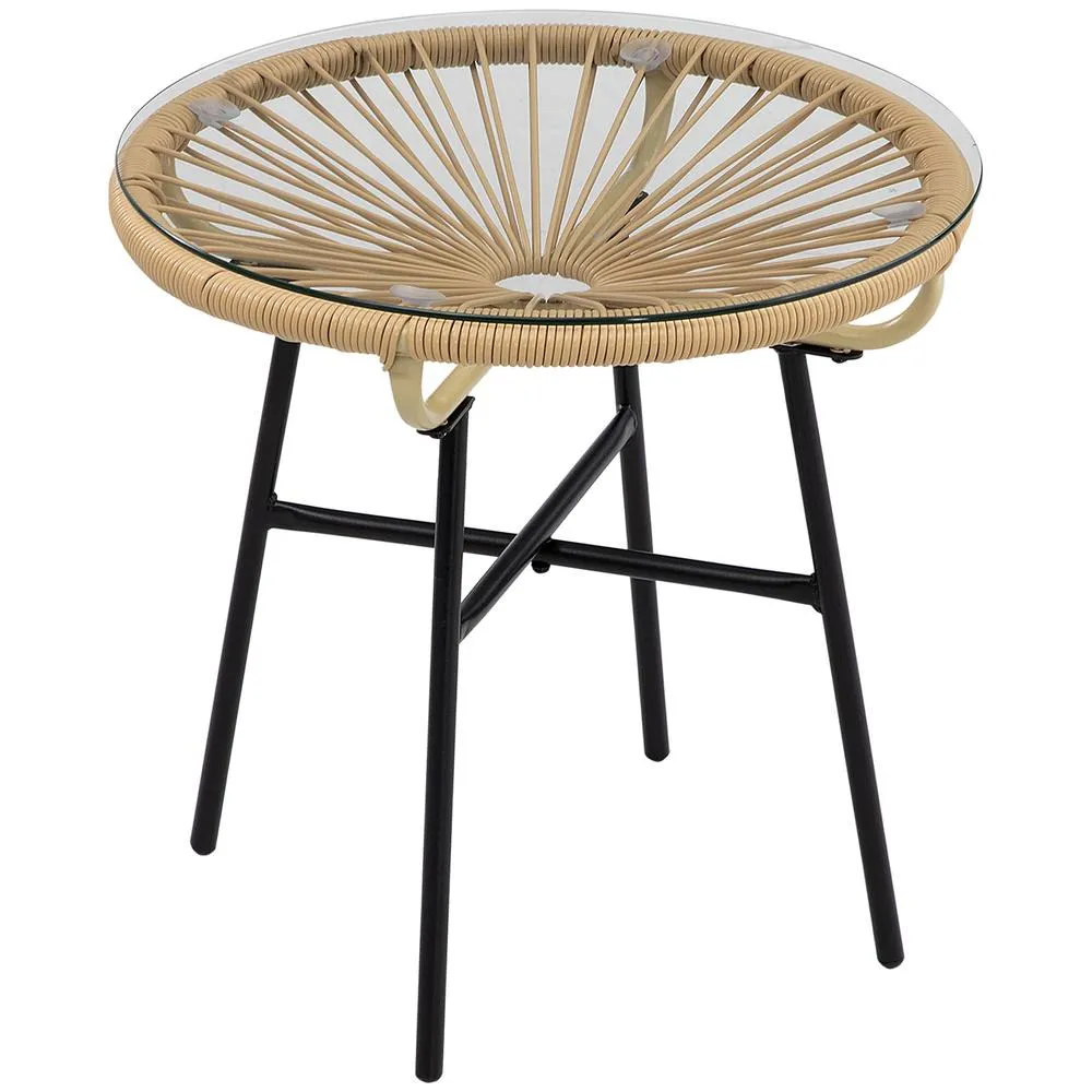 OUTSUNNY Rattan Side Table with Round PE Rattan & Tempered Glass Table Top in Beige 2