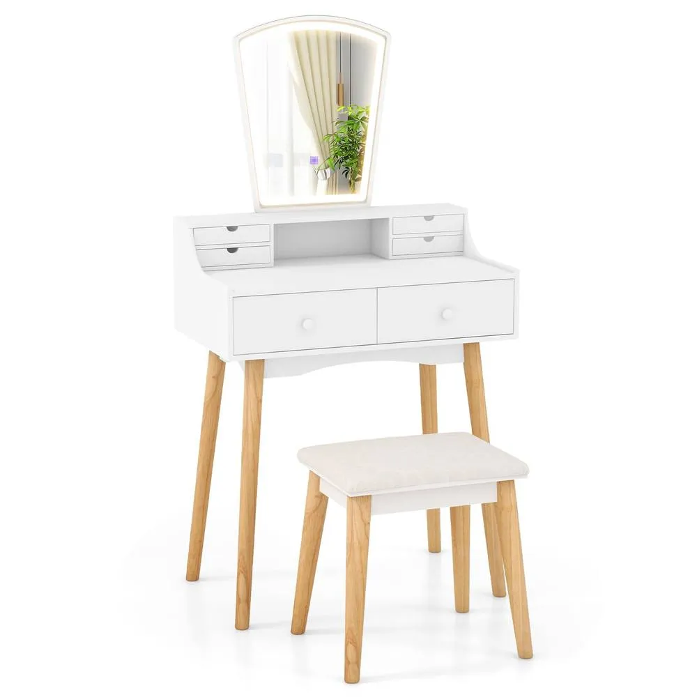 Costway Vanity Dressing Table & Chair Set Set w/Mirror & Lights-White in White