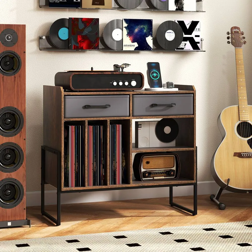 Costway Record Player Stand w/Charging Station 2 Drawers Vinyl Storage Cabinet in Brown 5