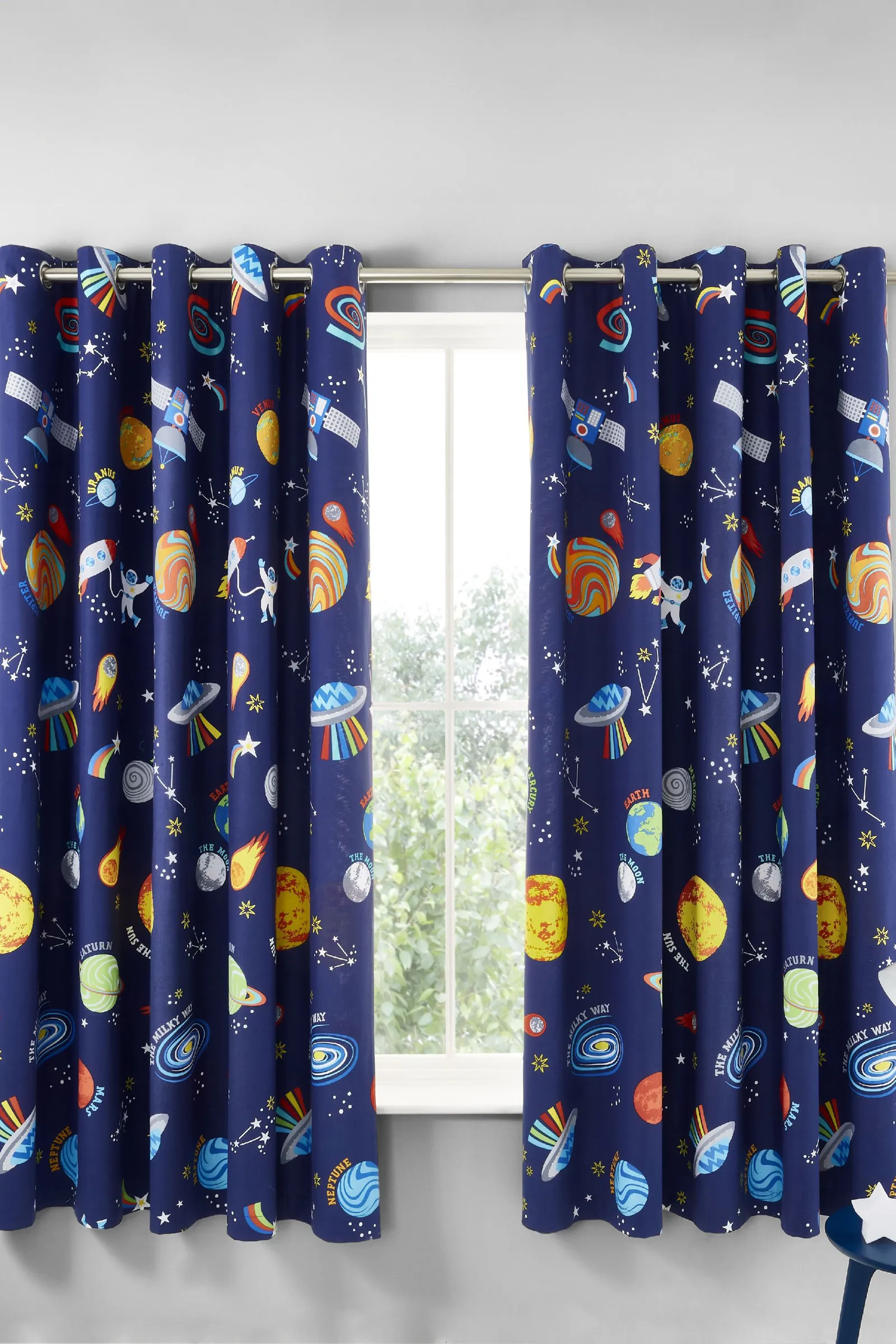 Catherine Lansfield 'Lost In Space' Fully Reversible Eyelet Curtains in Blue