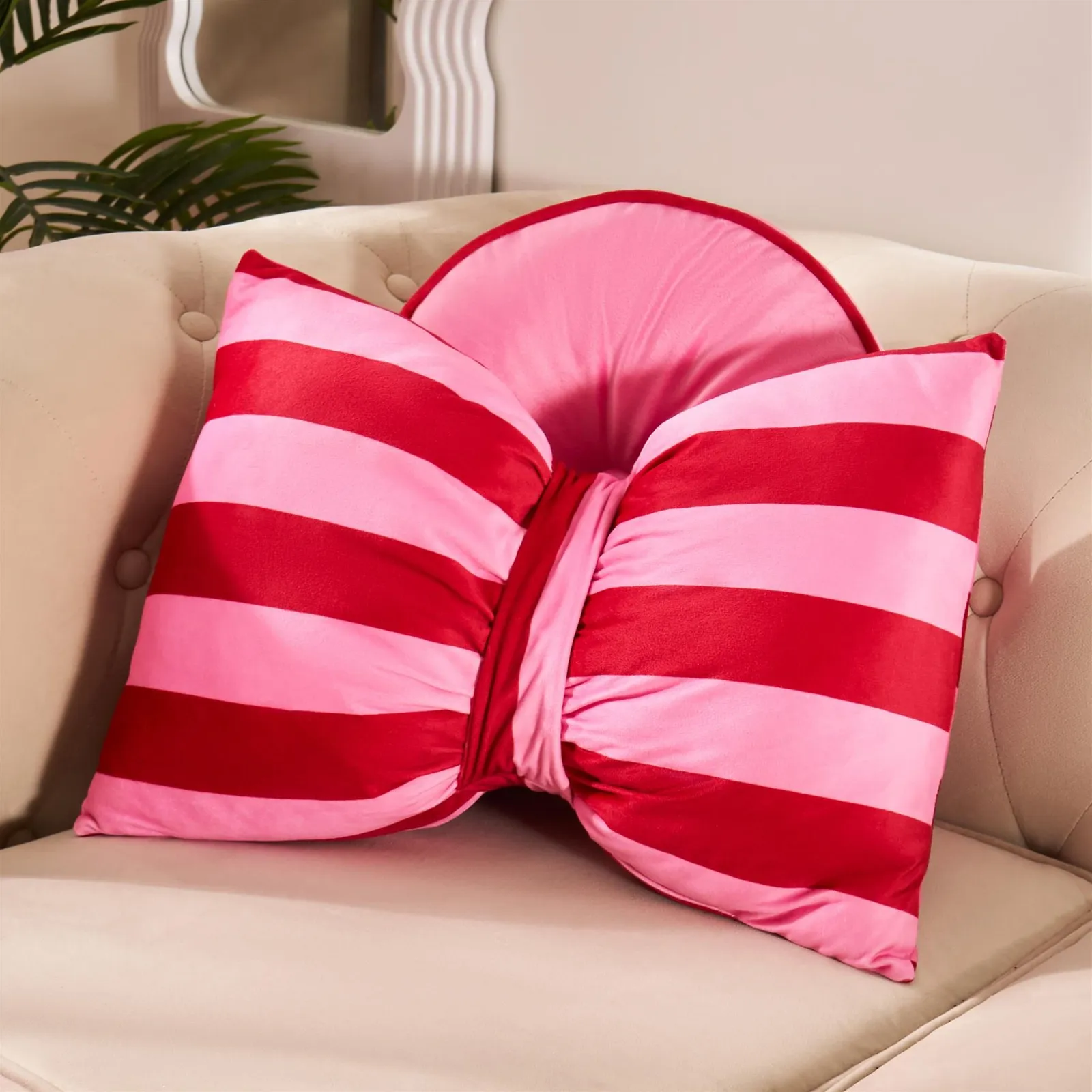 OHS Soft Striped Bow Shaped Decorative Scatter Cushion Back Support Pillow in Red