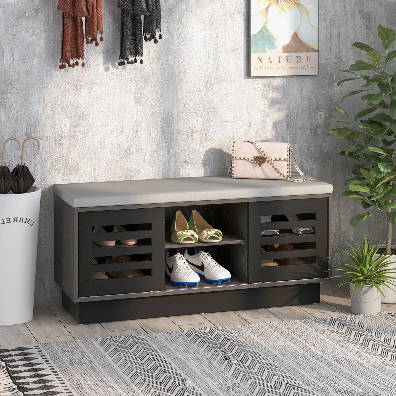 Costway Shoe Rack Storage Bench Organizer W/Cushion Adjustable Shelf Slide Door Grey 3