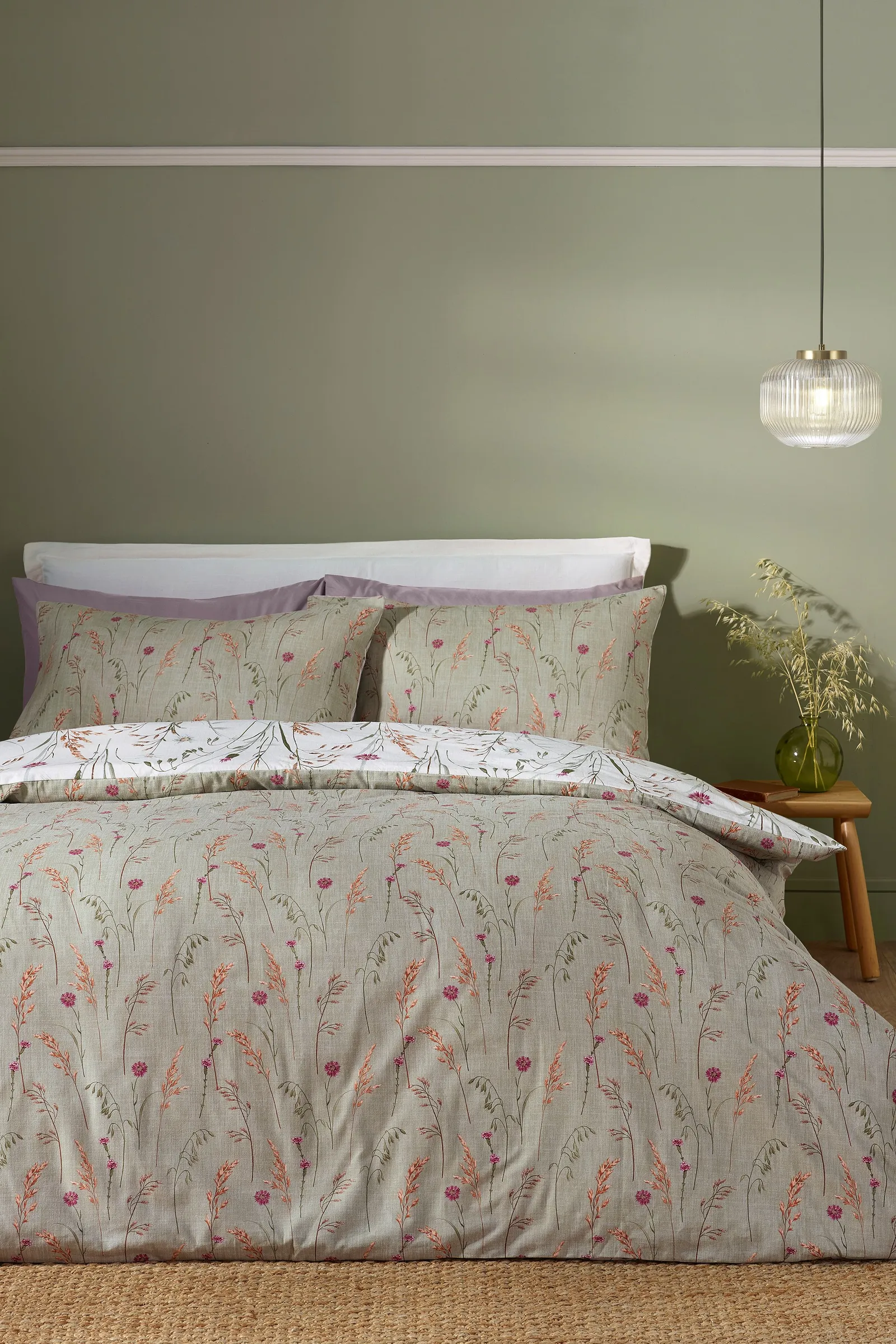 Catherine Lansfield 'Brushed Grasmere Floral' Cotton Reversible Duvet Cover Set in Green 2