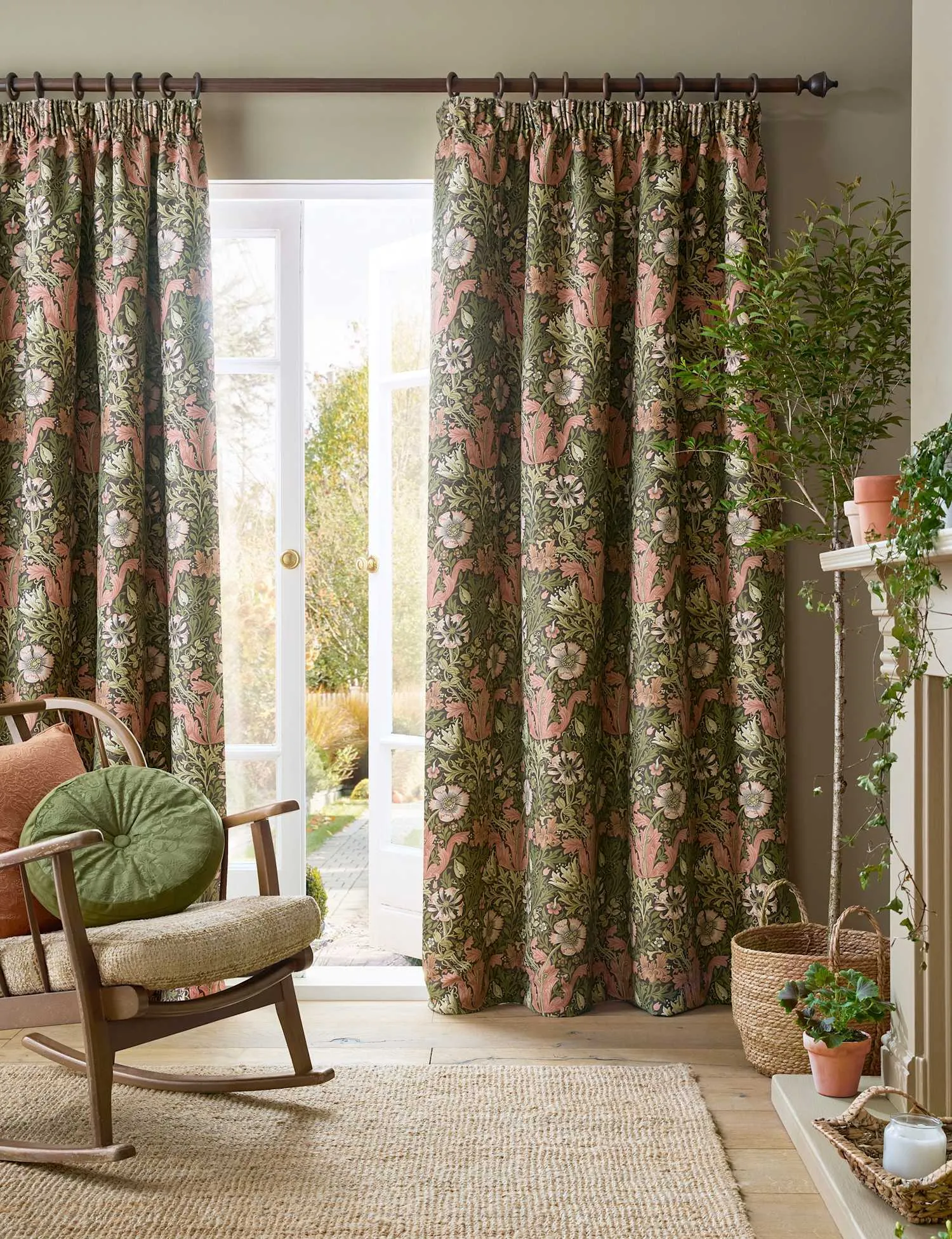 William Morris At Home Compton Velvet Floral Pencil Pleat Curtains Green Mix