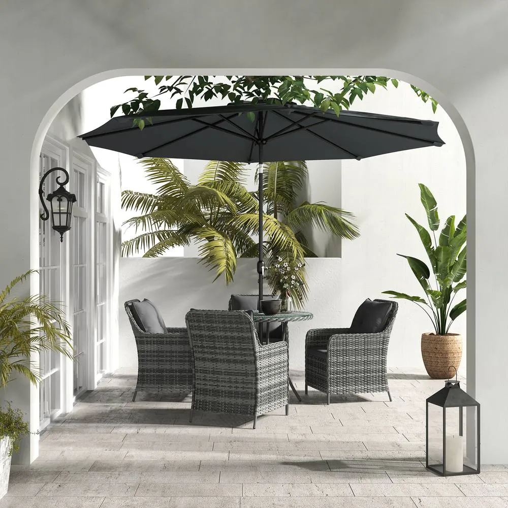 OUTSUNNY Luxury Rattan Garden Dining Set W/ Parasol, Cushions in Mid Grey