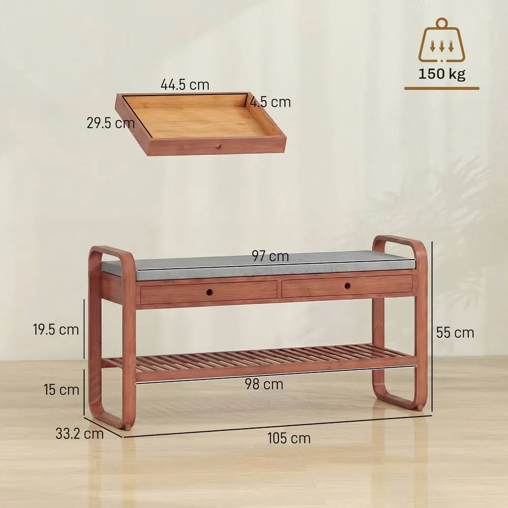 HOMCOM Shoe Bench with 2 Drawers Cushioned Seat 105 cm in Dark Brown 3