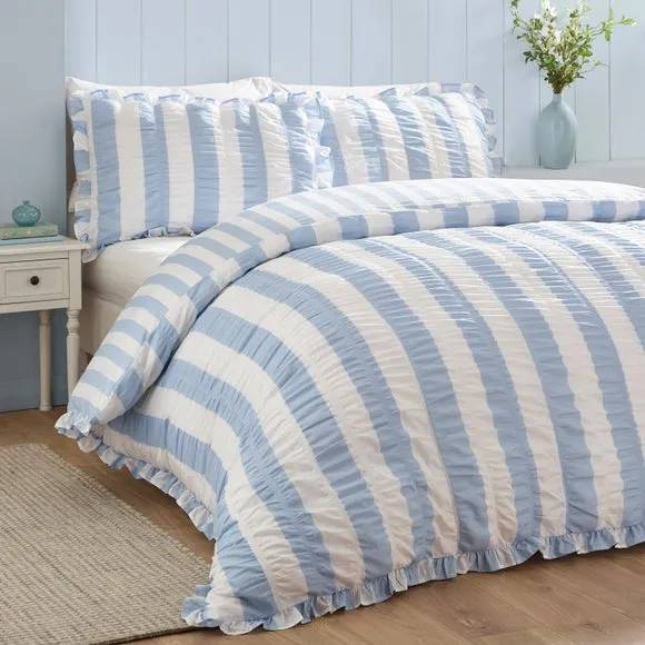 Catherine Lansfield Seersucker Frill Stripe Polycotton Duvet Cover & Pillowcase Set 1