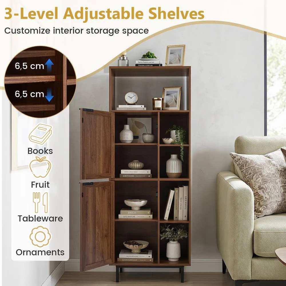 Costway Wooden Floor Cabinet w/Adjustable Shelves 5 Cubes Rattan Bookcase in Brown 4