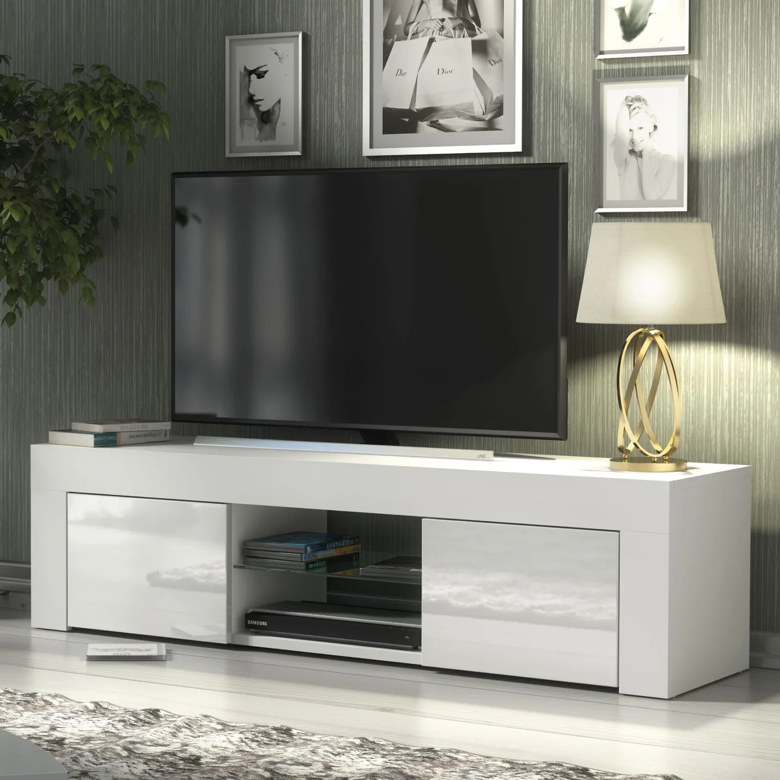 Creative Furniture TV Unit 130cm Modern - White with High Gloss Doors