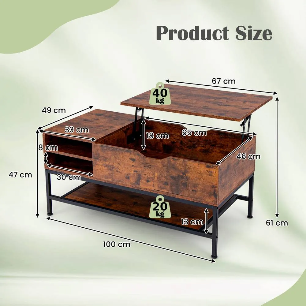 Costway Lift Top Coffee Table Side Table Tea Table w/ Storage Shelf in Brown 2