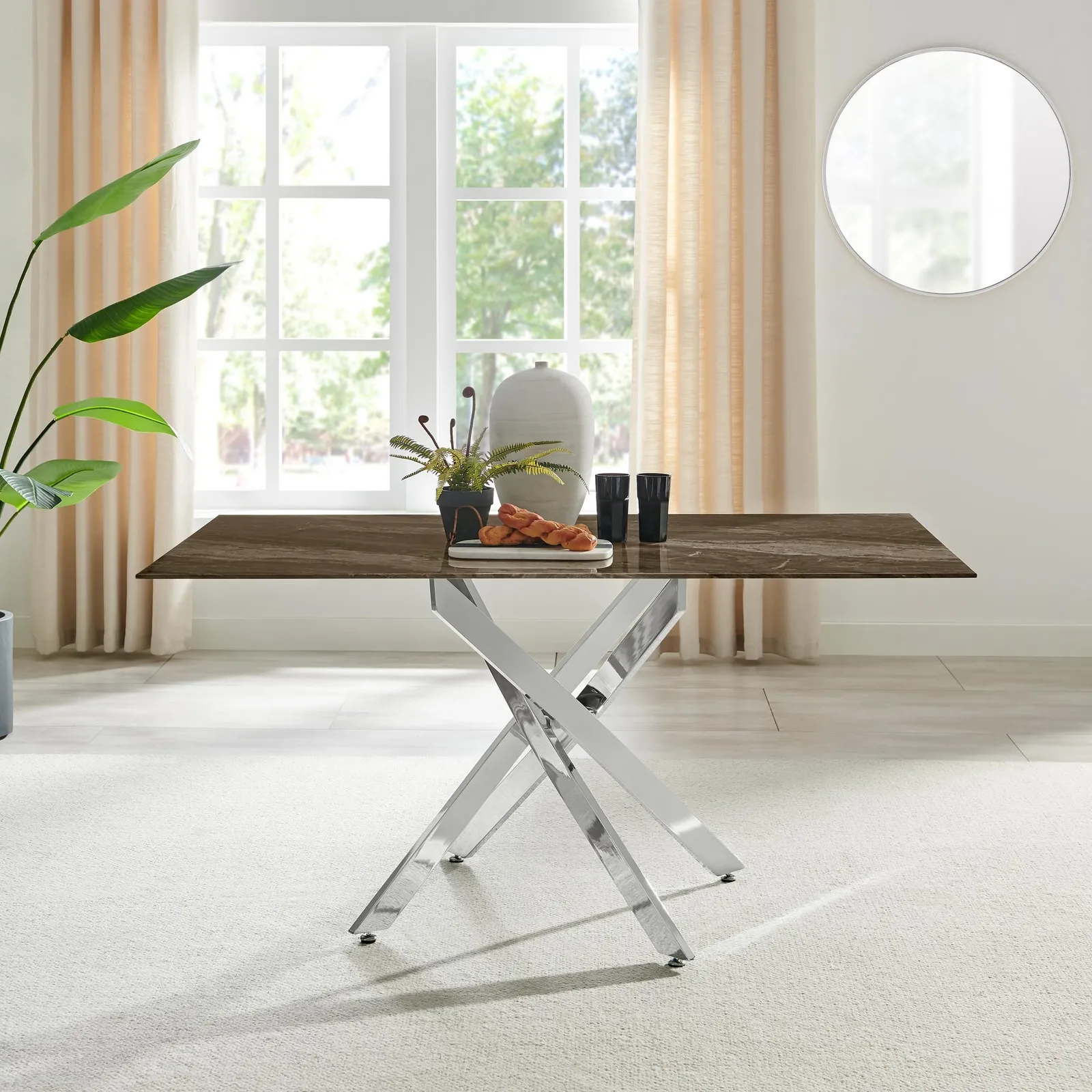 FurnitureboxUK Leonardo 6-Seater Dining Table With Marble Effect Glass Top & Silver Metal Legs in Dark Brown 1