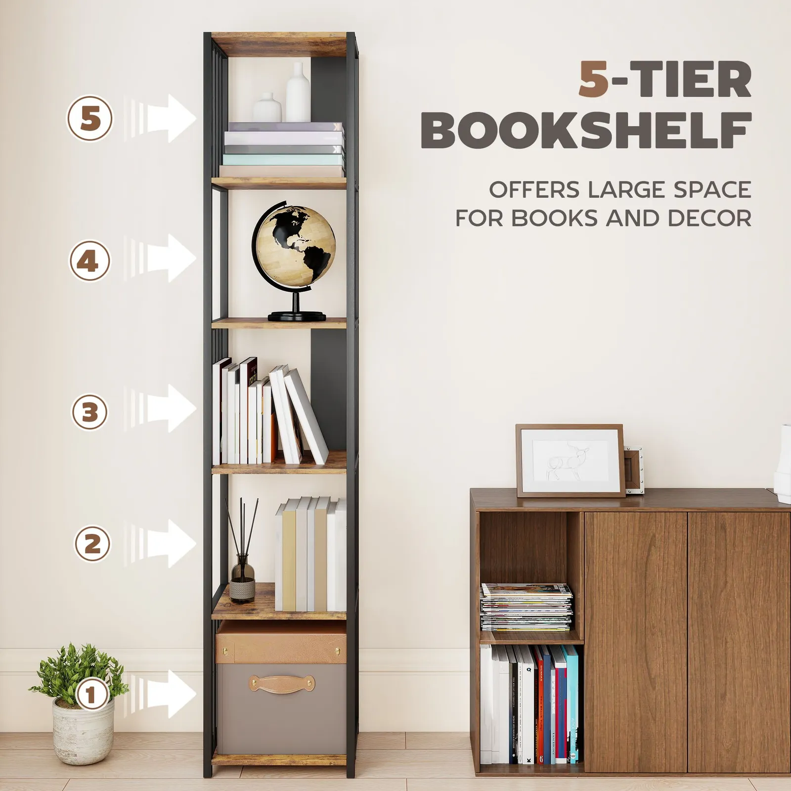 HOMCOM 5-Tier Bookshelf, Freestanding Display Storage Unit, Rustic Brown 4