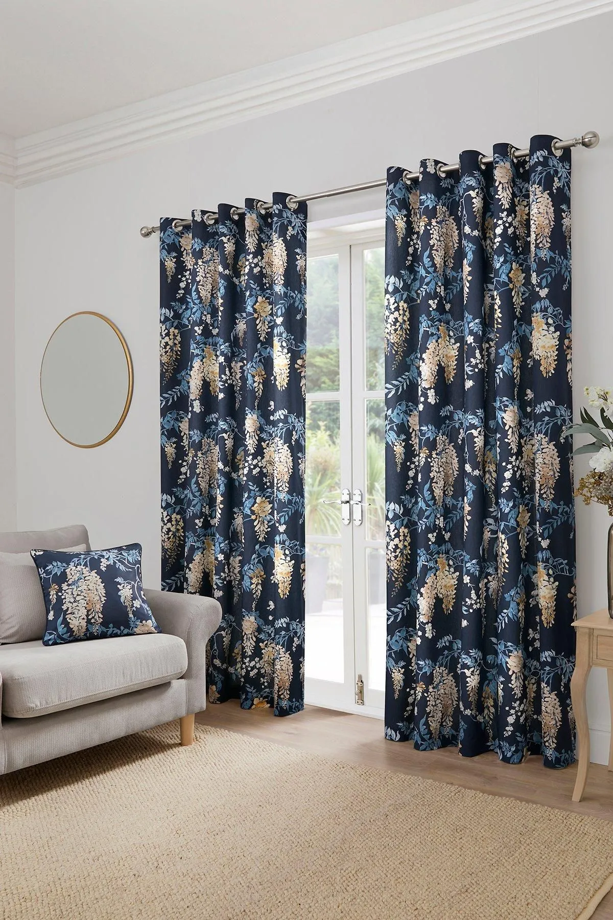 Dreams & Drapes 'Wisteria' Floral Print Pair of Eyelet Curtains in Navy