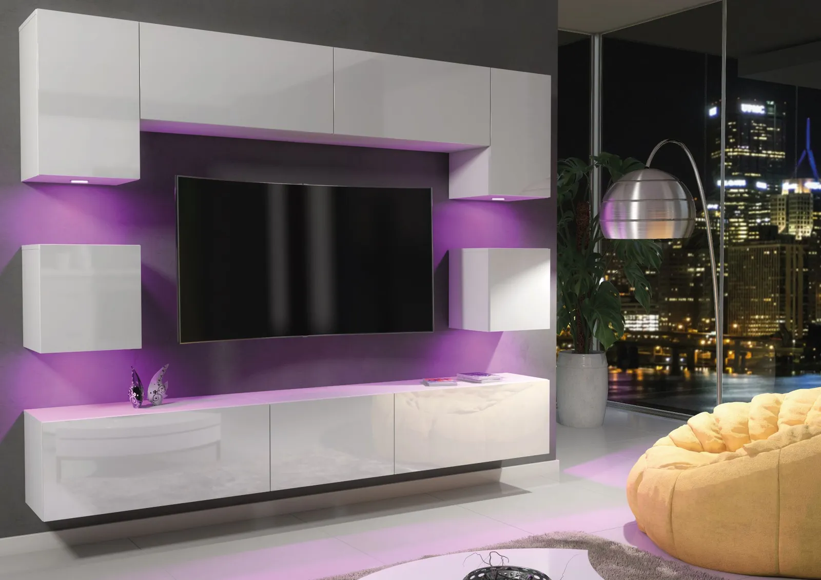 Creative Furniture Panorama Wall TV Unit - A Sleek & Modern Wall Cabinet with Gloss Doors & LED Lights in White 6