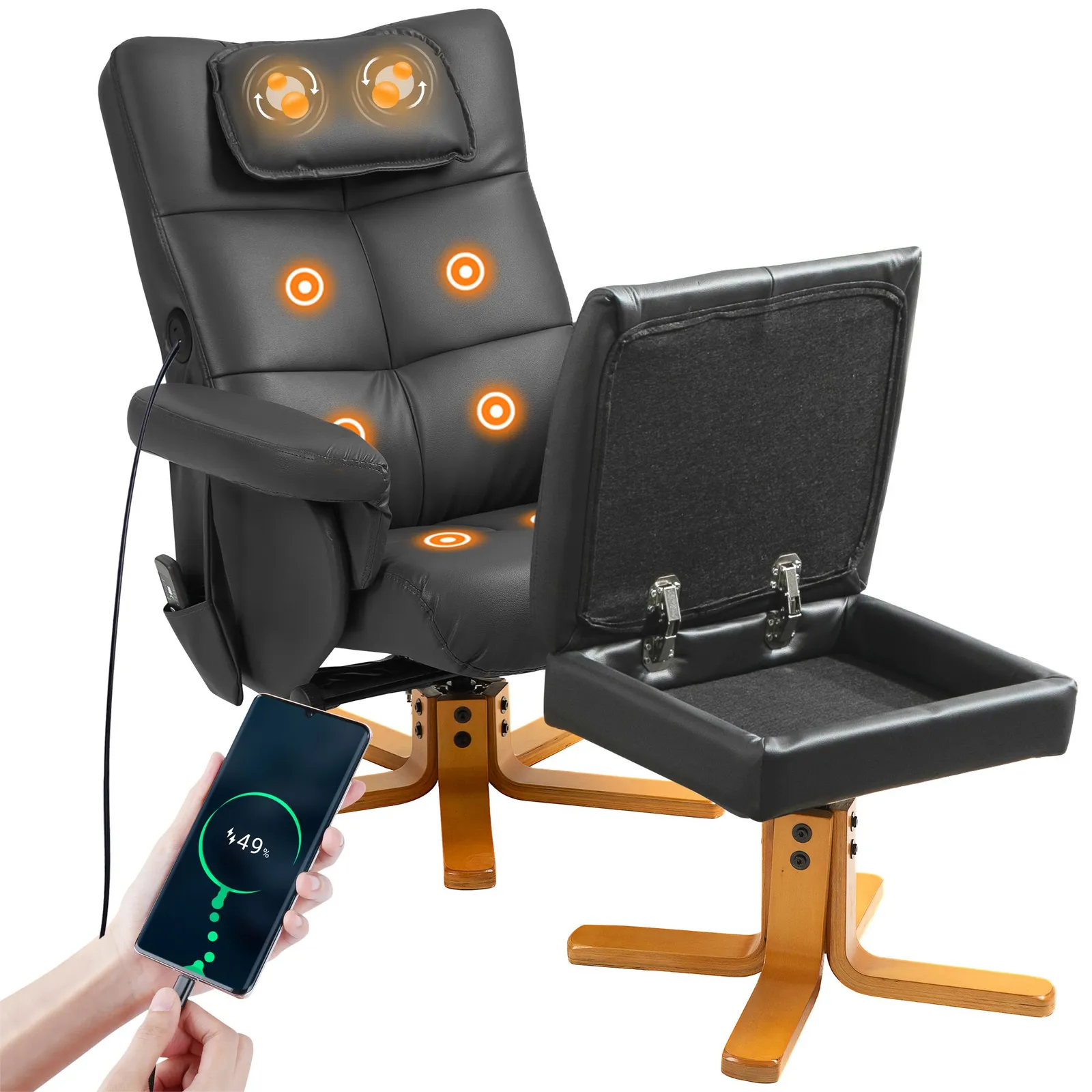 HOMCOM Massage Recliner Chair with Footstool & Hidden Storage in Black 2