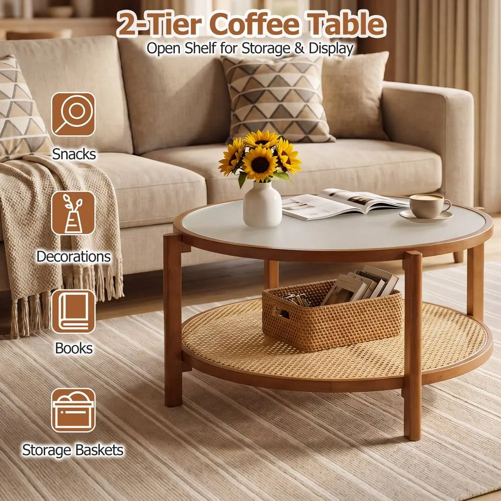 Costway Rattan Round Coffee Table 2-Tier Table w/ Frosted Glass Top in Brown 6