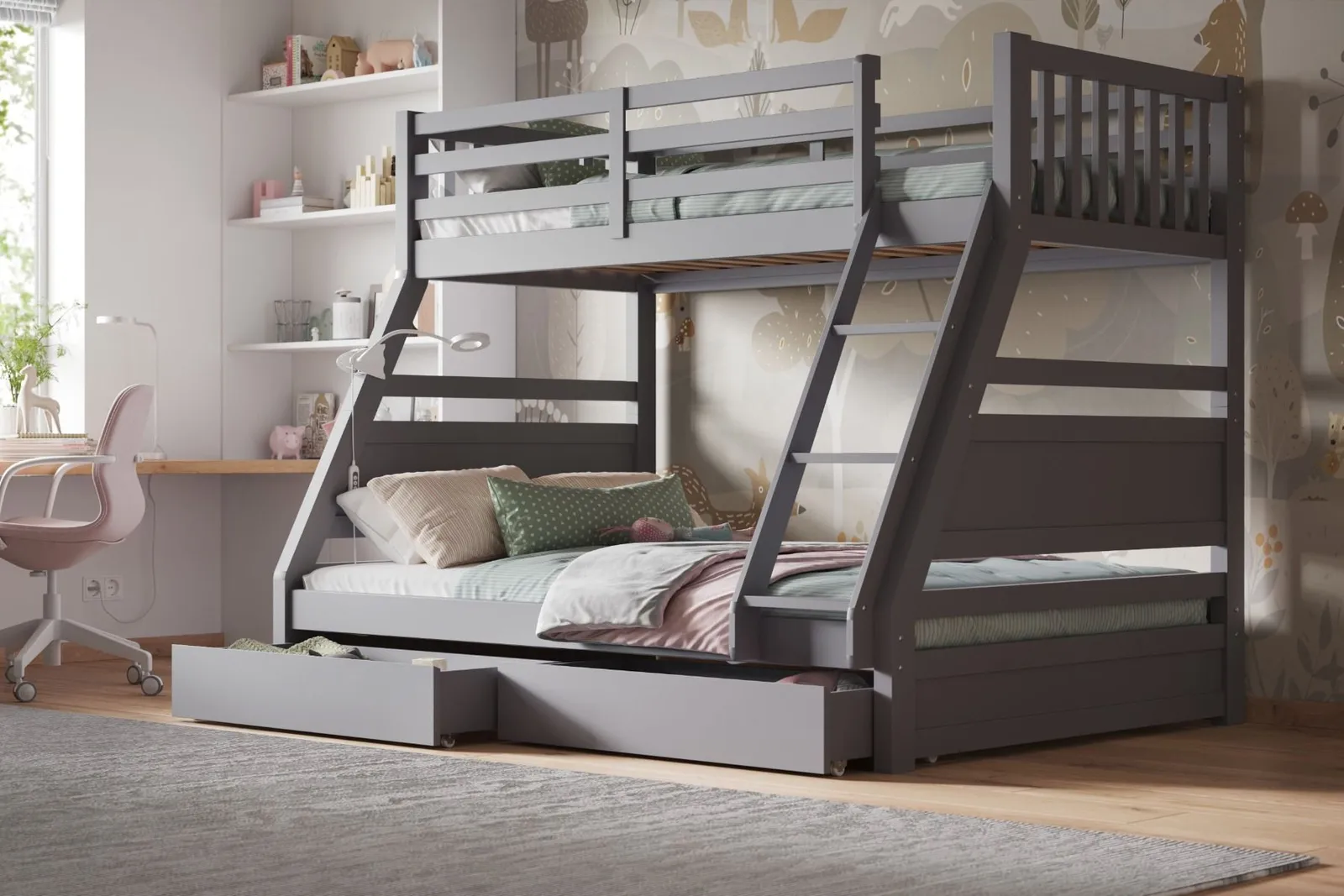 Flair Ollie Wooden Triple Bunk Bed with Drawers in Grey 1