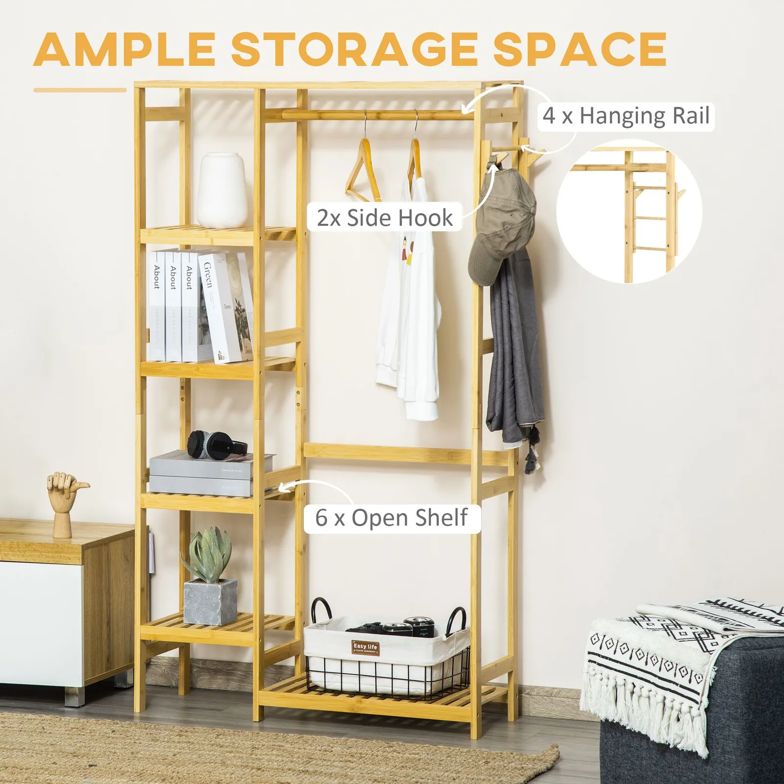 HOMCOM Coat Rack Bamboo Garment Rack with Storage Shelf Hanging Rail in Light Brown 4