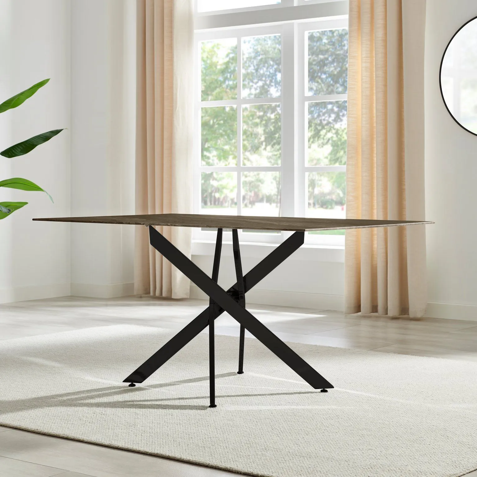 FurnitureboxUK Leonardo 6-Seater Dining Table With Marble Effect Glass Top & Black Metal Legs in Dark Brown 3