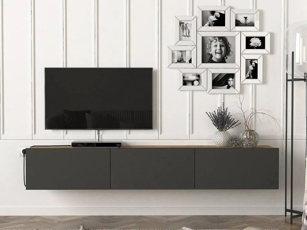 Vente-unique Wall - Mounted TV Unit With 3 Doors - Anthracite & Light Natural in Grey